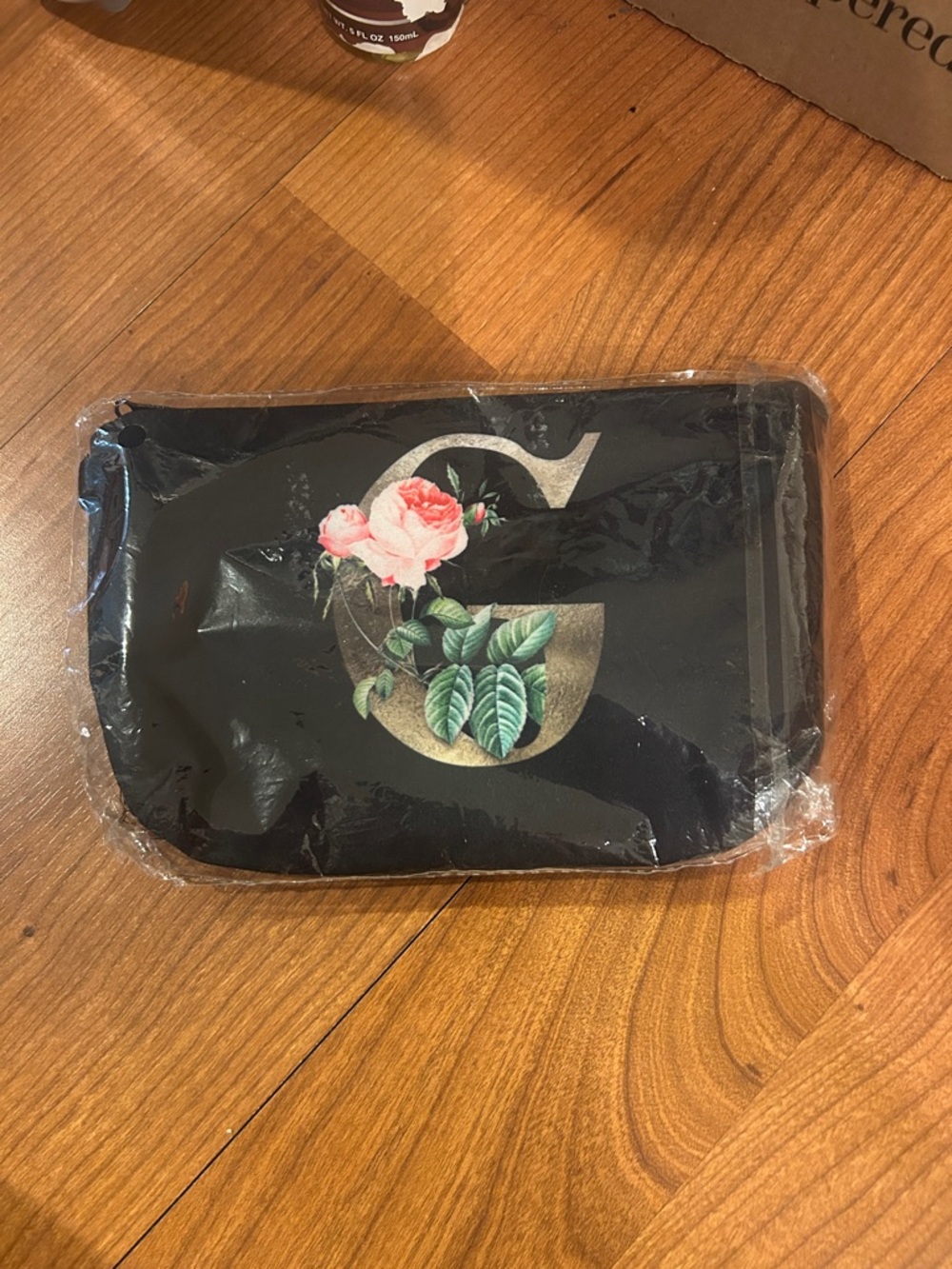 Black Floral 'G' Initial Cosmetic Pouch